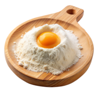 Raw egg yolk on pile of flour on wooden board png