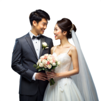 Elegant Asian couple in wedding attire on a clear background png