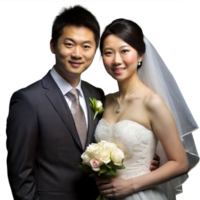 Elegant Asian couple in wedding attire with bouquet png