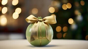 Green ball for the Christmas tree with a gold bow. Neural network photo