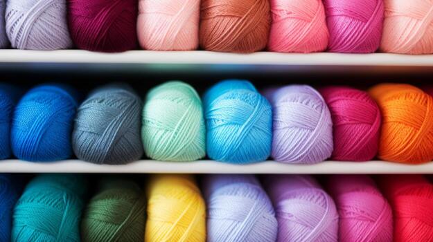 muchos multicolor pelotas de hilos en un de punto tela, de cerca. neural red foto