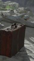 en bit av bagage Sammanträde på topp av en sandig strand video