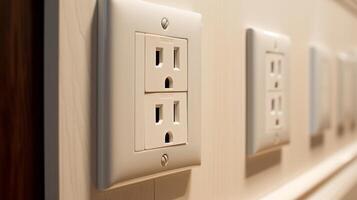 White wall mounted socket board with two electrical sockets and a switch. Neural network photo