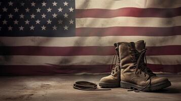 Old combat boots and dog tags with American flag. Neural network photo