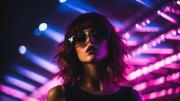 Teen hipster girl in stylish glasses standing on light background. Neural network photo