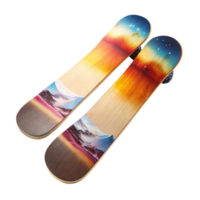 Colorful snowboards with vibrant mountain and sky graphics png