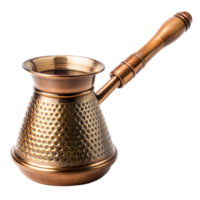 Elegant copper coffee pot with wooden handle isolated png