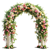 Elegant floral arch decorated with colorful roses and greenery png