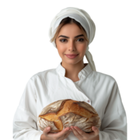 Female baker in white presenting fresh sourdough bread png