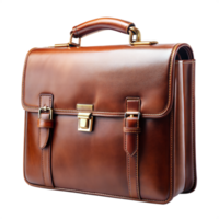 Elegant brown leather briefcase with golden clasp and handle png