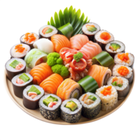 Assortment of fresh sushi and sashimi on a decorative plate png