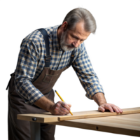 Senior craftsman measuring wood in his workshop png