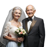 Elderly couple in elegant wedding attire with bouquet png