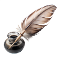 Elegant feather quill and ink pot isolated on a clear backdrop png
