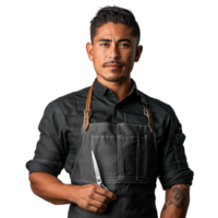 Confident male hairstylist with scissors and apron png