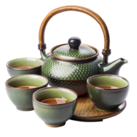 Traditional green tea set with pot and four cups on a bamboo mat png