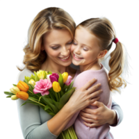 Mother and daughter sharing a loving embrace with fresh flowers png