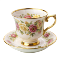 Elegant floral teacup and saucer with gold trim on a reflective surface png