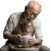 Elderly Asian man meticulously shapes pottery on wheel png