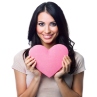 Smiling woman holding a large pink heart with joy png