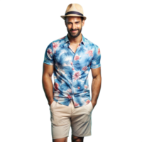 Confident man in floral shirt and straw hat smiling png