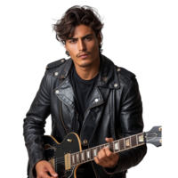 hermoso joven guitarrista jugando eléctrico guitarra en cuero chaqueta png