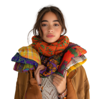 Young woman in vibrant scarf and jacket posing indoors png