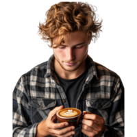 jovem homem desfrutando uma café com leite com detalhado espuma arte png