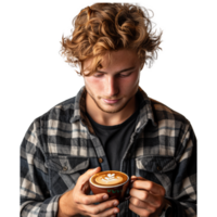 Young man enjoying a latte with detailed foam art png