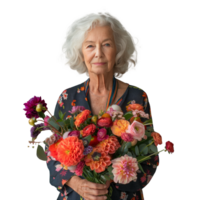 élégant Sénior femme en portant une vibrant bouquet de fleurs png