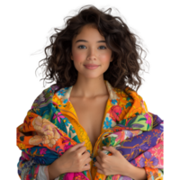 Young woman in vibrant floral kimono smiling at camera png