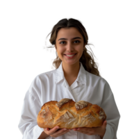 Young female baker presenting freshly baked bread png