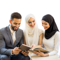 Muslim colleagues sharing a joyous moment during a book discussion png