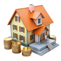 Detailed 3D illustration of house and stacked gold coins png