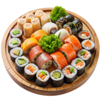 Delicious sushi platter on a round bamboo tray png