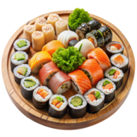 utsökt sushi tallrik på en runda bambu bricka png