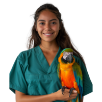 Veterinarian with a colorful parrot on her arm, smiling png