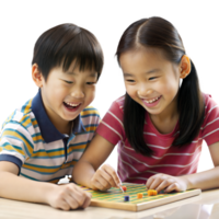 Two children playing a board game with joyful expressions png