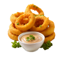 Golden fried onion rings with creamy dipping sauce png
