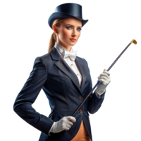 elegant Frau im oben Hut halten ein Stock auf transparent Hintergrund png