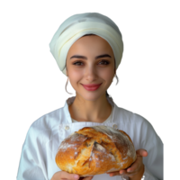 Female chef in turban presenting fresh baked bread png