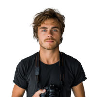 Young male photographer with camera on strap, thinking png