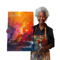 Senior artist holding vibrant abstract painting with joy png