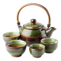 Elegant green and brown tea set with four ceramic cups png