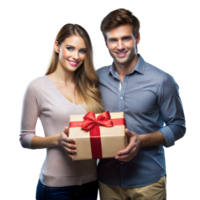 Happy couple giving a gift box with red ribbon png