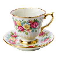 Elegant floral tea cup and saucer with gold trim on isolated background png