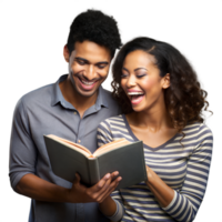 content couple en riant et en train de lire une livre ensemble png