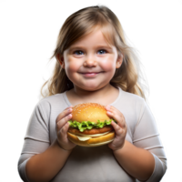 Smiling young girl enjoying a delicious hamburger png