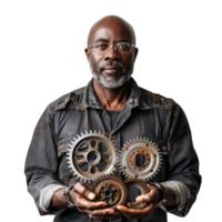 Experienced mechanic presenting assorted engineering gears png