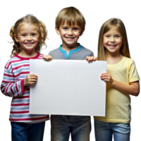 três sorridente crianças segurando uma em branco poster juntos png